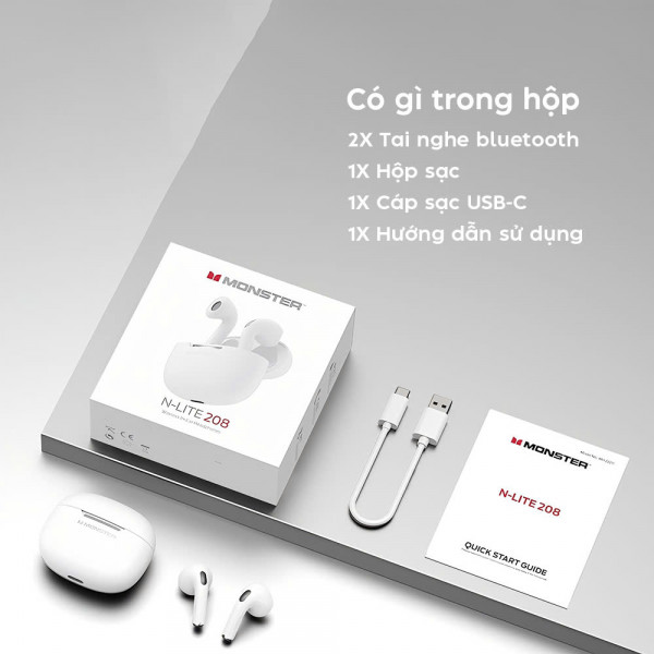 Tai Nghe Không Dây Monster N-Lite 208: TWS Bluetooth 5.4 Tai nghe không dây chống nước trong tai HiFi Stereo Khử tiếng ồn có micrô