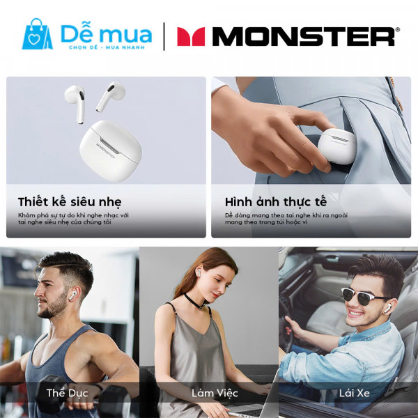 Tai Nghe Không Dây Monster N-Lite 208: TWS Bluetooth 5.4 Tai nghe không dây chống nước trong tai HiFi Stereo Khử tiếng ồn có micrô
