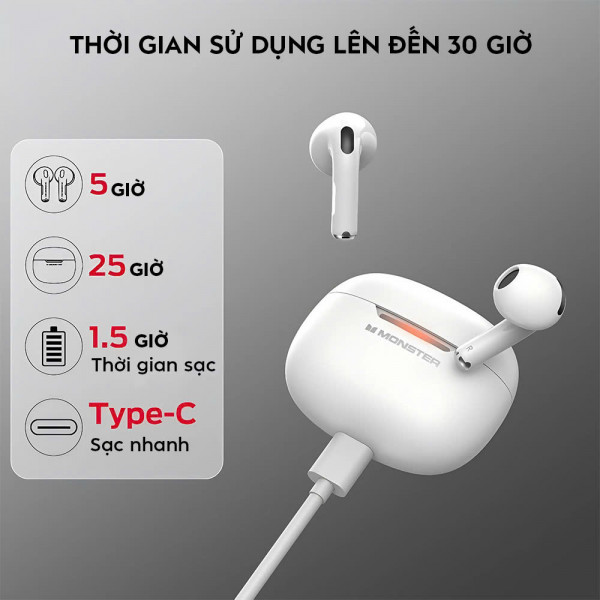 Tai Nghe Không Dây Monster N-Lite 208: TWS Bluetooth 5.4 Tai nghe không dây chống nước trong tai HiFi Stereo Khử tiếng ồn có micrô